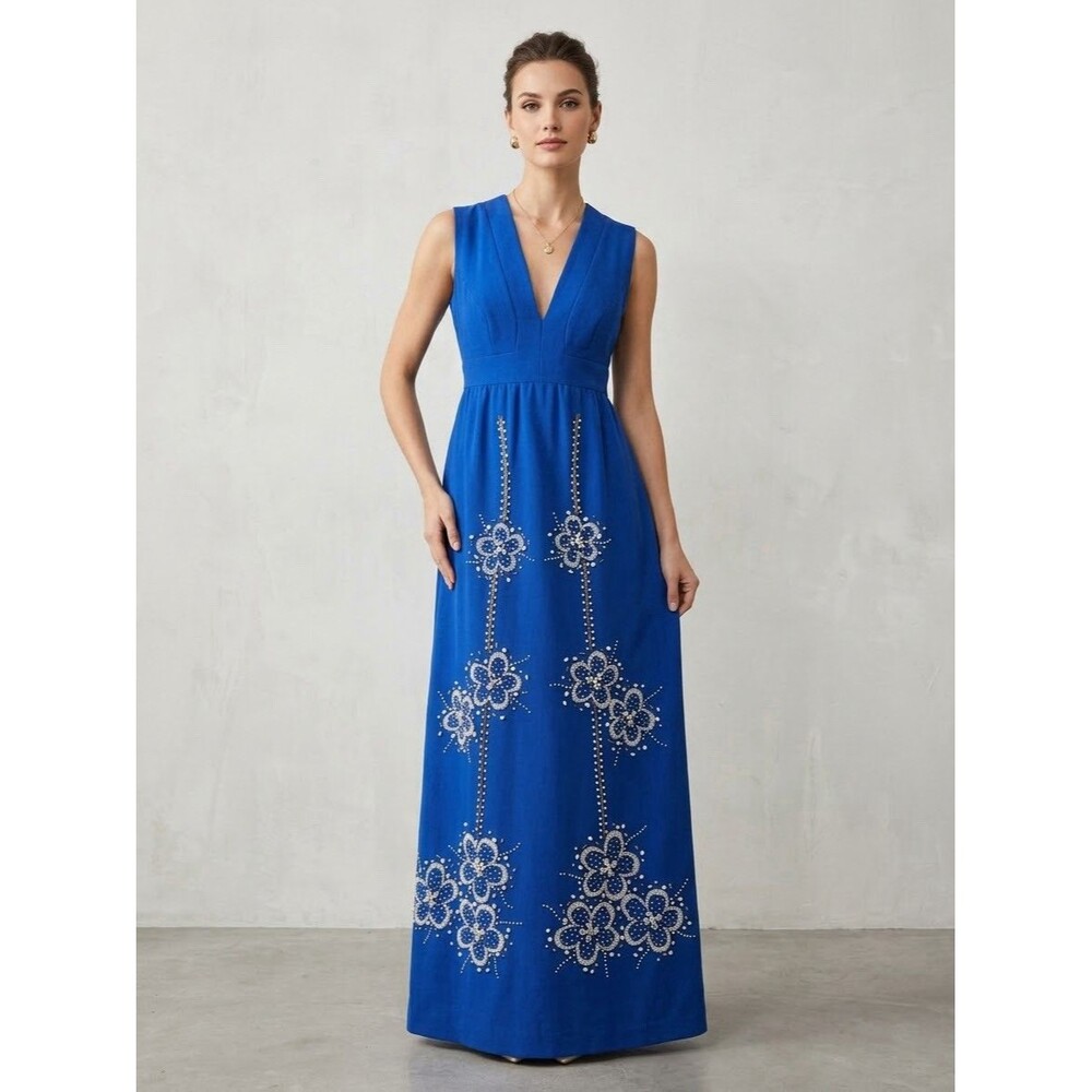 Vtg 70s Royal Blue Beaded Floral Maxi Dress Sleeveless Formal Prom Wedding Guest